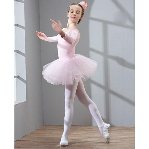 Children Long Sleeves Combed Cotton Camisole Dress Leotard with Mesh Skirt Ballet Dance Dresses for Girls