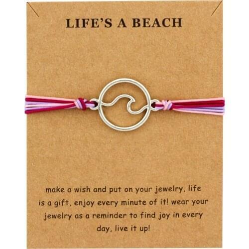 Hot Sale Girls Adjustable Ftiendship Statement Jewelry with Card Make a Wish Silver Wave Charm Bracelets for Women