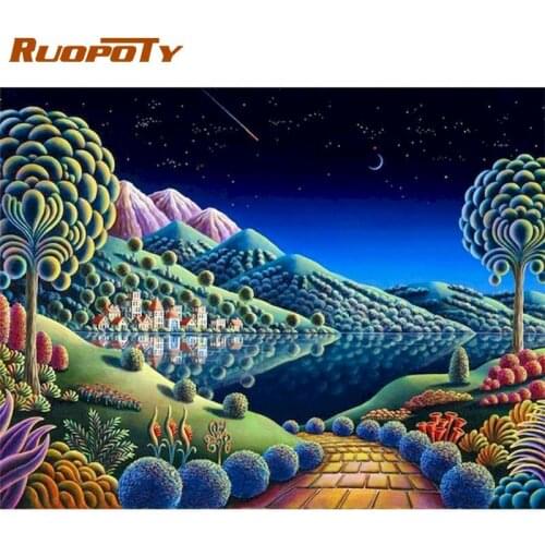 RUOPOTY Painting By Numbers River House Mountain Scenery Oil Paint Hand Painted Acrylic Pigment Drawing On Canvas Home Artcraft