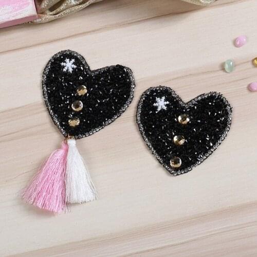 Crystal Rhinestone Small Black Heart Tassels Sequin Patches for Clothing Iron on Clothes Appliques Badge Stripes Diamond Sticker