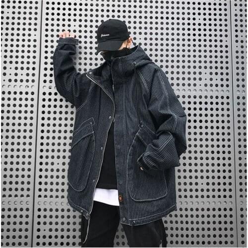 Hip Hop Tide Style Denim Jacket Mens Autumn Wear Warm Outwear Versatile Tooling Functional Loose Casual Pilot Multi Pockets