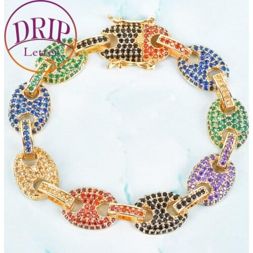 12MM Mixed Color Bracelet Bling Mens Hip Hop Cuban Link Jewelry Copper Material Iced Cubic Zircon