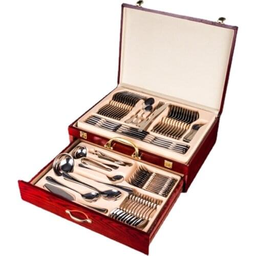 84-Piece Gold Dinnerware Set Stainless Steel Tableware Set Knife Fork Spoon Table Cutlery Kitchen Device Sets Red Wood Gift Box