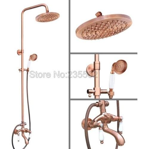Antique Red Copper Wall Mounted Bathroom Rain Shower Faucet Set Dual Holder Dual Control Bathtub Mixer Taps + Handspray lrg566