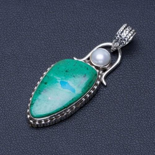 Natural Chrysocolla and River Pearl Punk Style 925 Sterling Silver Pendant 1 3/4" Q0852
