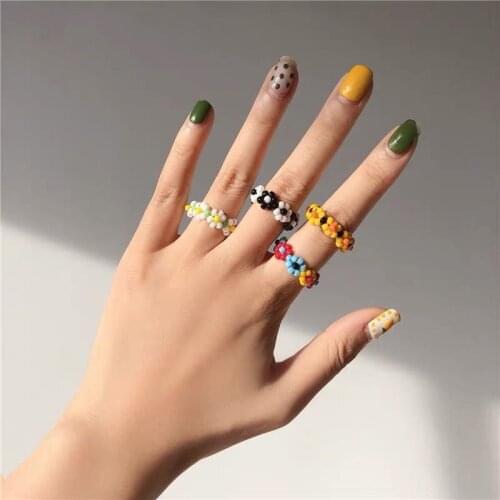 New Arrival Beads Candy Color Rings for Women Resin Vintage Flowers Weaving Xuan Wind Rings Jewelry for Girls