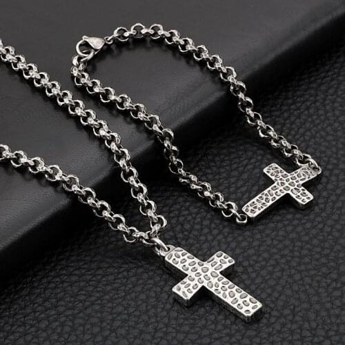 8.5''+26'' New XMAS Gifts Mens jewelry set Stainless Steel 5mm vintage Rolo Chain Cross pendant Necklace & Bracelet
