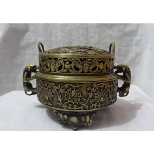 Song voge gem S2496 Tibet Bronze Dragon Phoenix Statue Unicorn Head Flower Incense Burner Censer