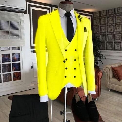 Luxury yellow Double Breasted Vest Costume Homme Men Suits For Wedding Groom Prom Best Man Blazer Masculino Slim Fit 3 Pieces