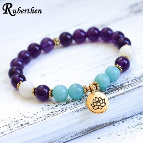 Ruberthen 8 mm A Grade Aamazonite Mala Bracelet Natural A-methyst Women`s Lotus Bracelet Yoga Spiritual Energy Power Bracelet