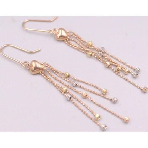 Pure 18K Rose Gold Earrings Women Lucky Gift Carved Beads Tassel Chain Dangle Earrings / 3.6-3.8g