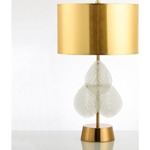 Post-modern Simple Crystal Glass Leaf Gold Metal Led E27 Table Lamp for Foyer Bed Room Hotel American Country Light 110/220v