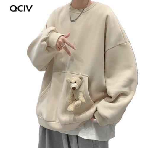 Autumn Winter Men Plus Velvet Harajuku Hoodies Drop Shoulder Casual Streetwear Young Boys Big Pocket With Bear Toy Sweatshirts