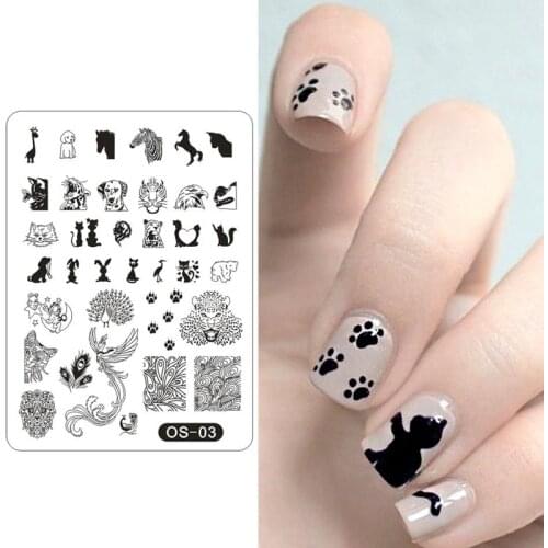 2017 Hot Fashion Animal Theme Cat Dog Peacock Leopard Pattern Nail Art Stamping Plates Nail Stencil Template Tool OS03