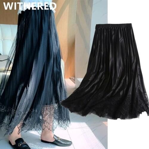 Jenny&Dave long skirts womens england style office lady lace splicing pleated high waist midi skirt women faldas mujer moda