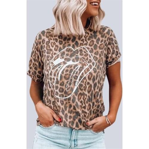 2021 Summer New Womens Tops Leopard Print Lips Printed T-shirt Short Sleeve Round Neck Pullover Casual Women Tops Short Sleeves