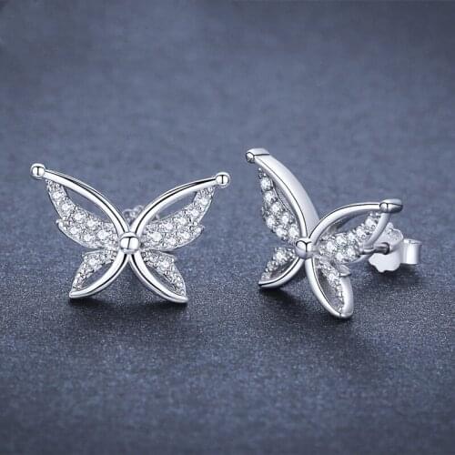 SODROV 925 Sterling Silver Jewelry Natural Butterfly Party Stud Earrings joyas de plata 925 for Women Bijoux I111