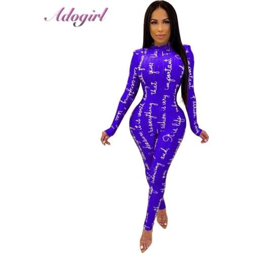 Casual Letters Print Stripe Bandage Skinny Jumpsuit Women Autumn Mock Neck Long Sleeve Rompers Outfit Streetwear Club Overalls