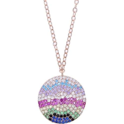 2021 Rose Gold Color Fashion Women Jewelry Geometric Round Dots Micro Paved Colorful Rainbow Stone Coin Pendant Necklace