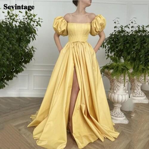 Sevintage Yellow Taffeta Corst Back Prom Dress 2021 Puffy Short Sleeves Boning Evening Gowns High Slit Bow Women Party Dresses