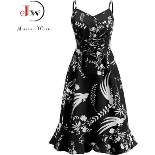 2021 Women Floral Print Summer Dress Spaghetti Strap V Neck Sexy Party Beach Sundress Vintage Robe Vestidos Plus Size