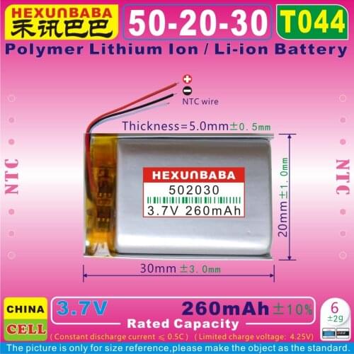 5pcs [T044] 3.7V 260mAh [502030] NTC,Polymer Lithium Ion Battery for Smart Watch;Recorder Pen,Smartband,Bluetooth Earphone,MP3