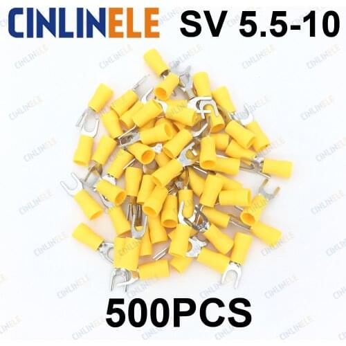 500pcs Crimp Terminal SV 5.5-10 Crimp Fork Spade terminals Fork Terminal AWG12-10 2.63-6.64mm^2 Brass SV5.5-10