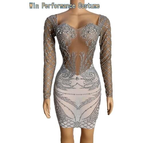 Sparkly Silver Rhinestone Mirror Elastic fabric short Dress Women Birthday Stage play Celebrate Dress Dancer Party Show