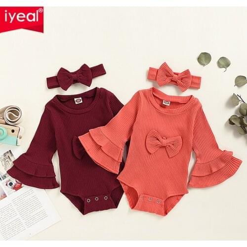 IYEAL Fashion Newborn Baby Girls Clothes Toddler Infant Knitted Long Sleeve Bodysuits with Headband Princess Girl Outfits