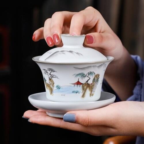 Tea Bowl 130ml Ceramic Tea Tureen Jingdezhen Vintage Teaware Chinese Kung Fu Tea Bowl Master Cup Drinkware Handmade Decoration