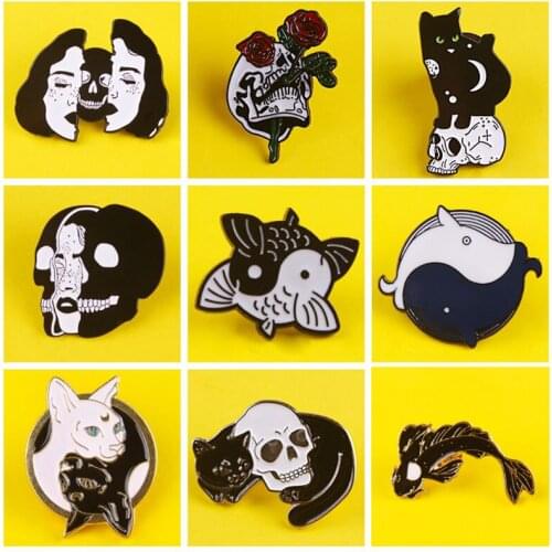 Yin Yang Black White Cat Fish Skeleton Pins Skull lover Badge Collar Clothes Accessories Creative Pin Brooches Men Women Lovers