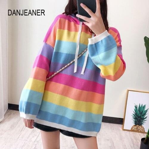 DANJEANER Autumn Rainbow Striped Knitting Hooded Pullovers Women Long Sleeve Fashion Long Sweaters Oversized Knitwear Casual Top