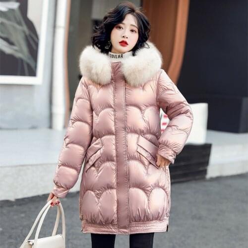 Fad Winter Soild Women Puffer Coat Long Casual Hooded Fur Ladies Jackets Shiny Padded Cotton Female Parkas with Pockets Outwear