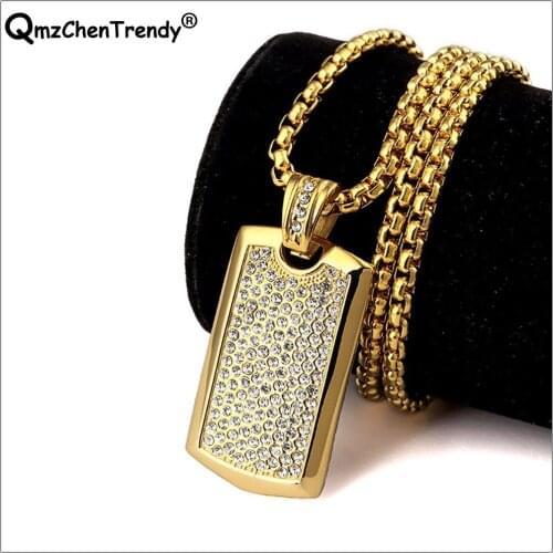 Stainless Steel Hipster Jewelry Rhinestones Dog Tag Pendants Necklace For Mens Women Punk Hip Hop Jewelry