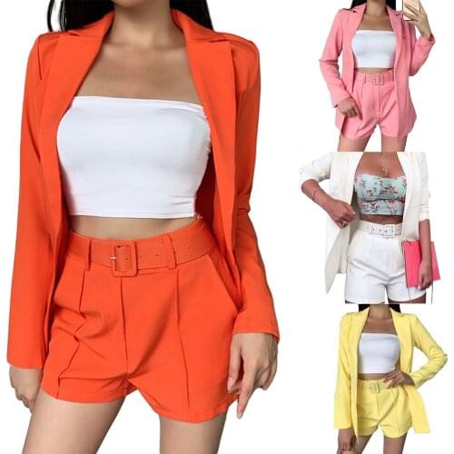 Hirigin 2021 Fashion Women’s Two Piece Fall Outfits Long Sleeve Open Front Blazer and Commuting Wind Belted Shorts Set