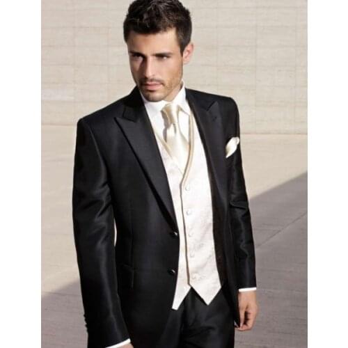 Custom Made Groom Tuxedo Black Groomsmen Peak Lapel Wedding/Dinner Suits Best Man Bridegroom (Jacket+Pants+Tie+Vest)B401