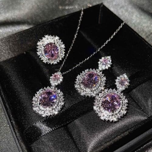 QTT Natural Charm 925 Silver Purple Cubic Zirconia Jewelry set Necklace Earrings Ring Crystal Wedding Bridal Jewelry Sets