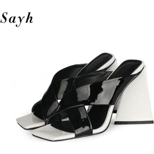 Summer Size Plus Women Patent Leather Sandals Square Toe High Heels Mules Pumps Shoes Strange High Heels Shoes