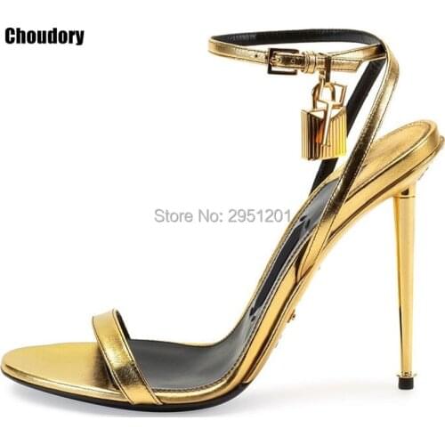 Hot Sale 10 cm Sexy Women Summer High Heel sandals Open Toe Gold Lock Ankle Strappy Strap Celebrity Shoes Gladiator Sandals