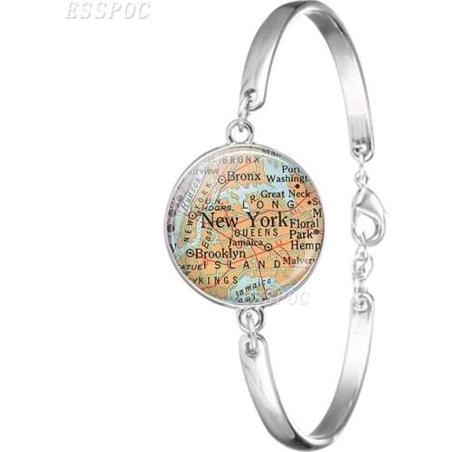 Trendy World Map Pattern Chain Bracelet Travel Gift Accessories Silver Plated New York Bangle Jewelry Gifts For Friends