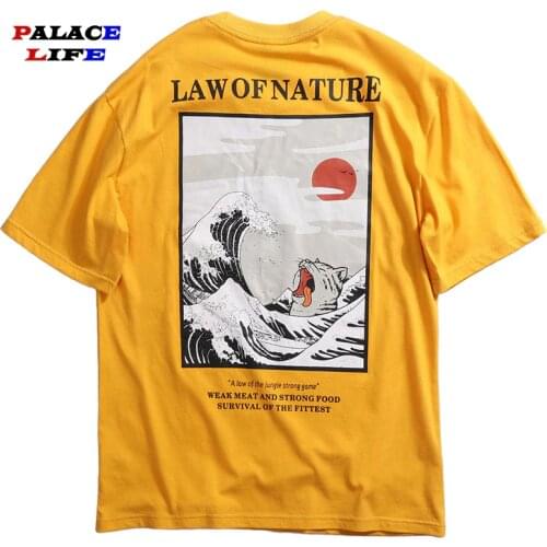 Men T-Shirt Vintage print with waves and cat printing Summer Cotton Short Sleeve Hip Hop Loose streetwear camisetas hombre