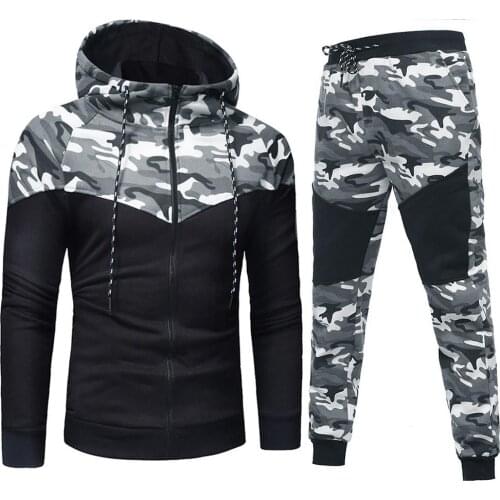 1 Coat &1 Pant Men Set Chic Camouflage Print Casual Sport Zipper Hooded Coat Pants Suit Tracksuit High Quality мужская куртка