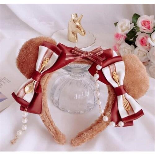 Bear Band Sweet Lolita Cute Bow Bear Ear Hair hoop KC Handmade Headwear Ladies Headband D257
