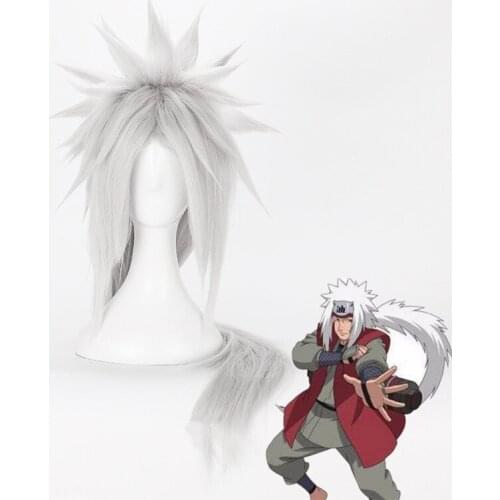 Anime Cosplay Jiraiya Wig Long Silver Heat Resistant Sythentic Hair Halloween Party Cosplay Costume Wigs + Wig Cap