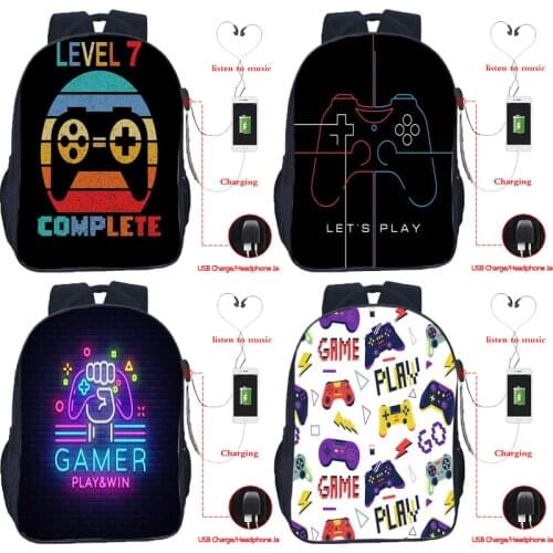 Gamer Controller Joypad Joystick Video Games Print Teenagers USB Backpack Student Letters School Bag Boys Girls Travel Knapsacks