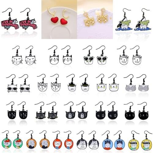 Cartoon cat face Enamel metal alloy Earrings Lovely animals kitten shark Horse eardrop Red heart bow fashion Dangling Earrings