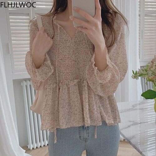 Chic Korea Cute Doll Shirt Design Women Sweet Japan Girls Floral Print Vintage Retro Peplum Ruffled Tops Blouse 2021 Fall Autumn