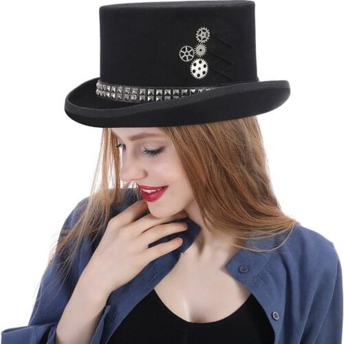 100% Wool Black Women Men Steampunk Top Hat With Handmade Steam Punk Gear Fedora Cosplay Show Hat Top 15CM 4 Size