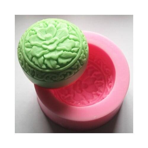 Silicone soap mold Peony Flower pattern round shape Mooncake mould handmade soap clay mould