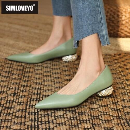 SIMLOVEYO New 2021 Ladies Pumps Pointed Toe 3.5cm Strange Heels Pearl Slip-On Elegent Consice Big Size 43 Date Casual A3596